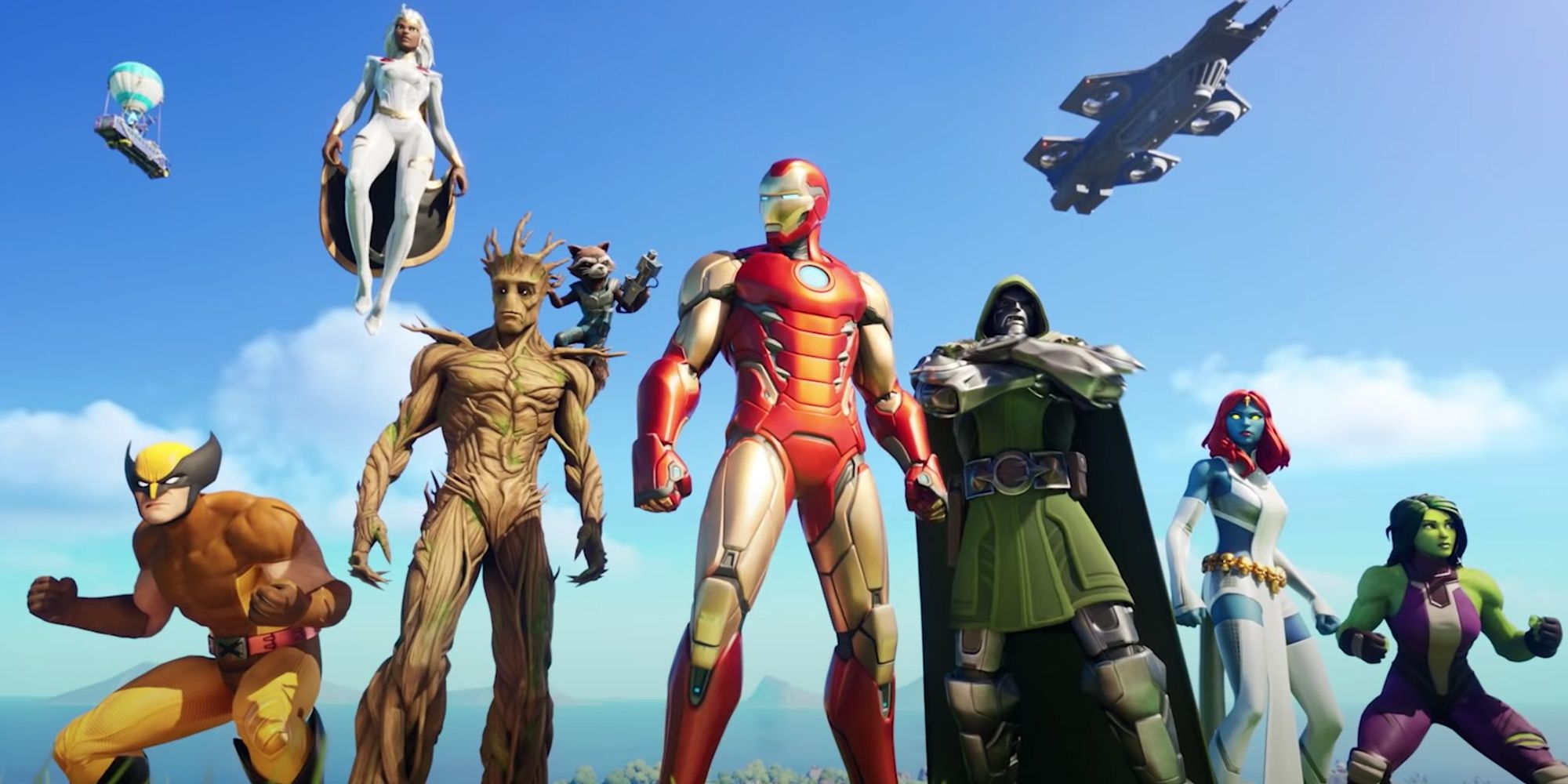 Wolverine, Storm, Groot, Iron Man, Doctor Doom, Mystique and She-Hulk on Fortnite