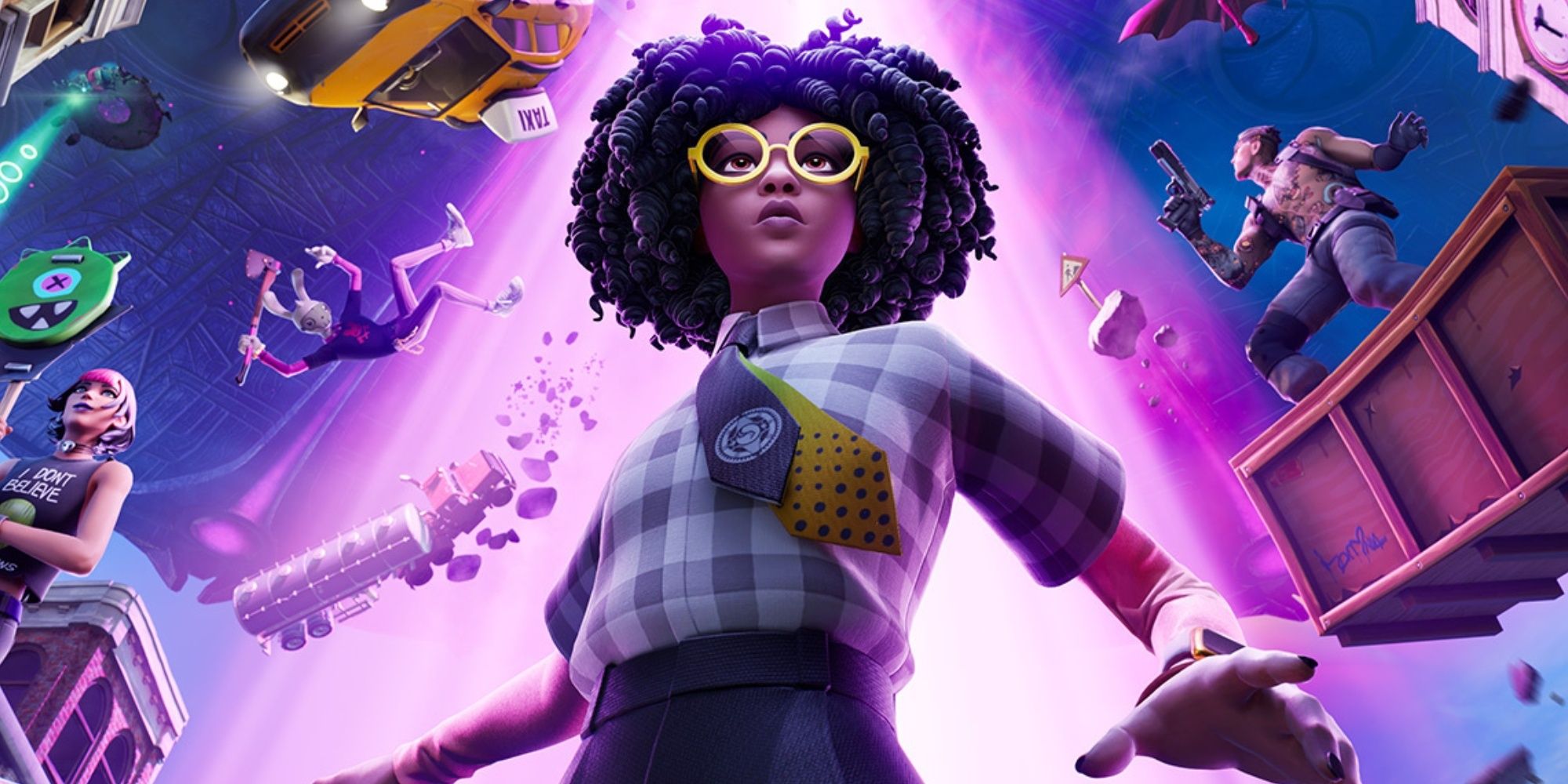 Agent Sloane surrounded by floating vehicles and characters in Fortnite