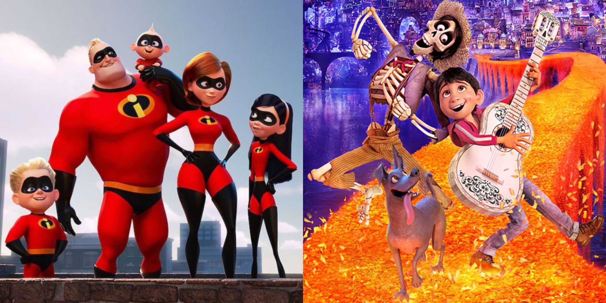 Split image showing characters from The Incredibles and Coco.