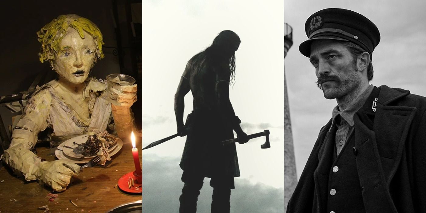 Three images showing characters from The Wolf House, The Northman, and The Lighthouse.