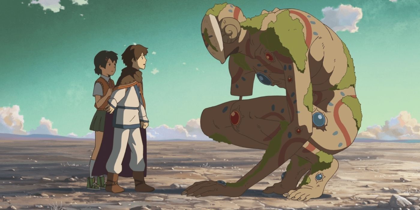 A crouching creature talking to two children in Children Who Chase Lost Voices From Deep Below.