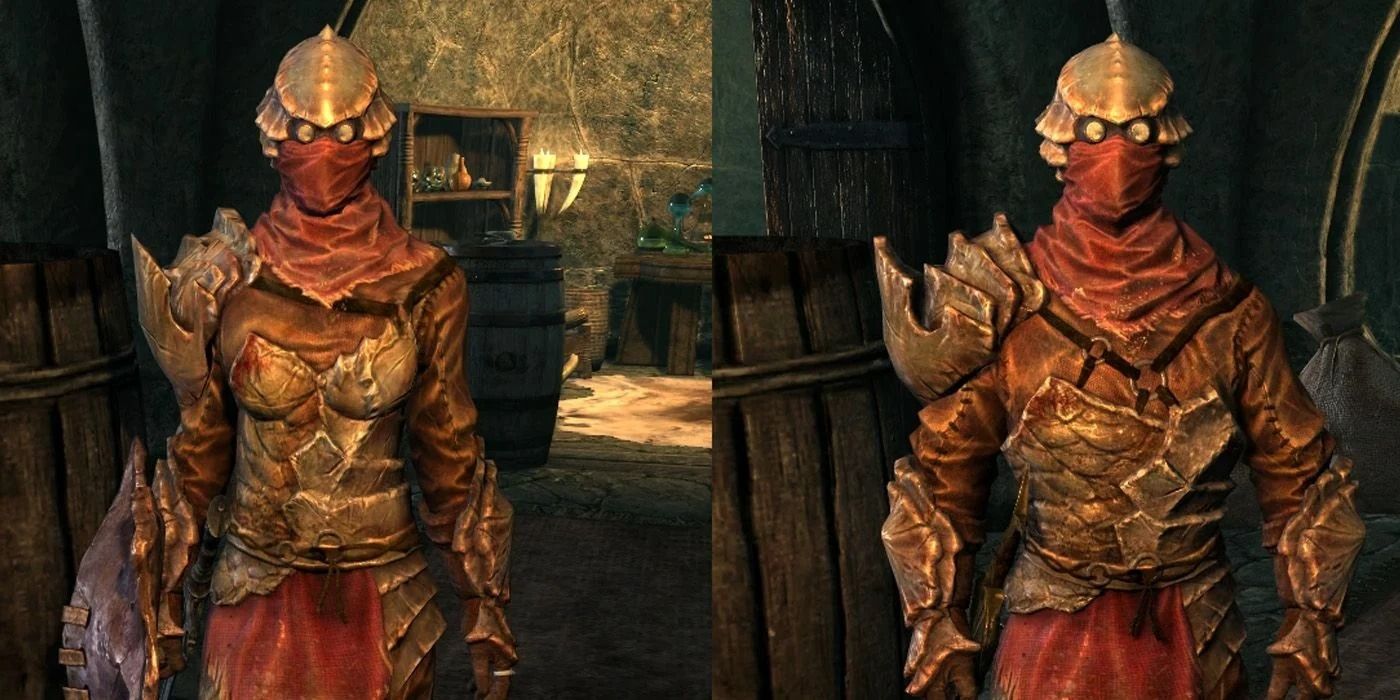Split image of the female and male Chitin Armor set variations in Skyrim.