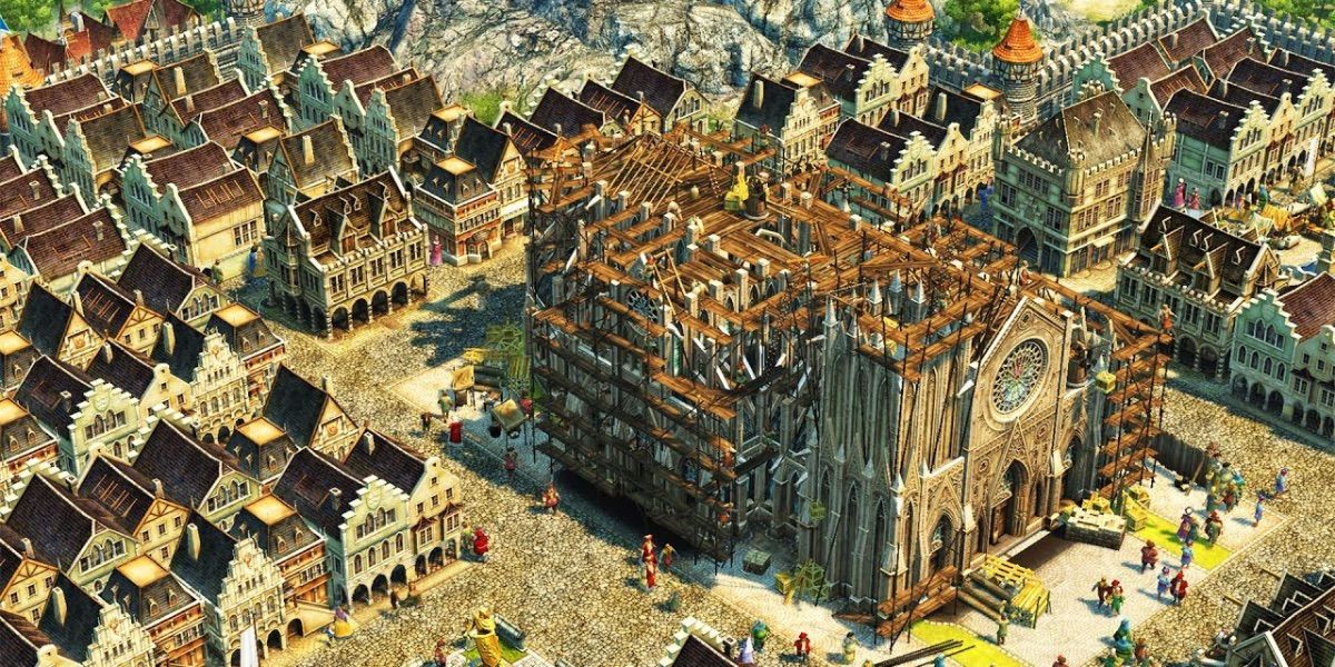 A Gothic cathedral is under construction in a city from Anno 1404