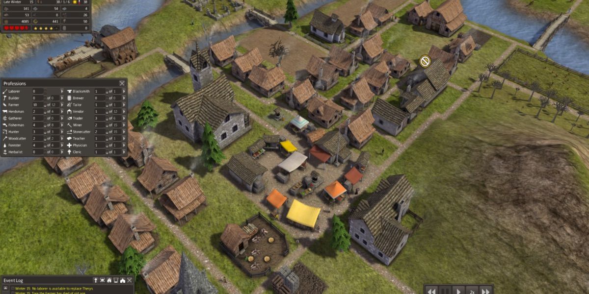 A cluster of small houses are built near a river from Banished 