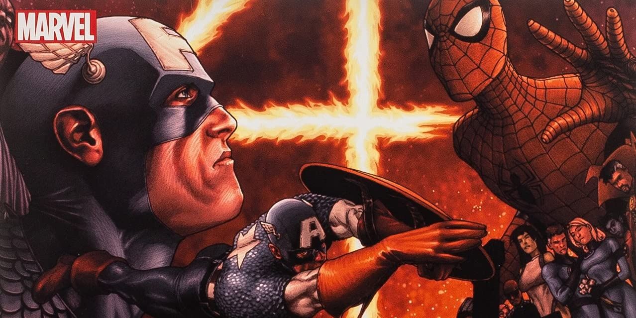 Captain America facing off against Spider-Man, Fantastic Four and other Avengers.