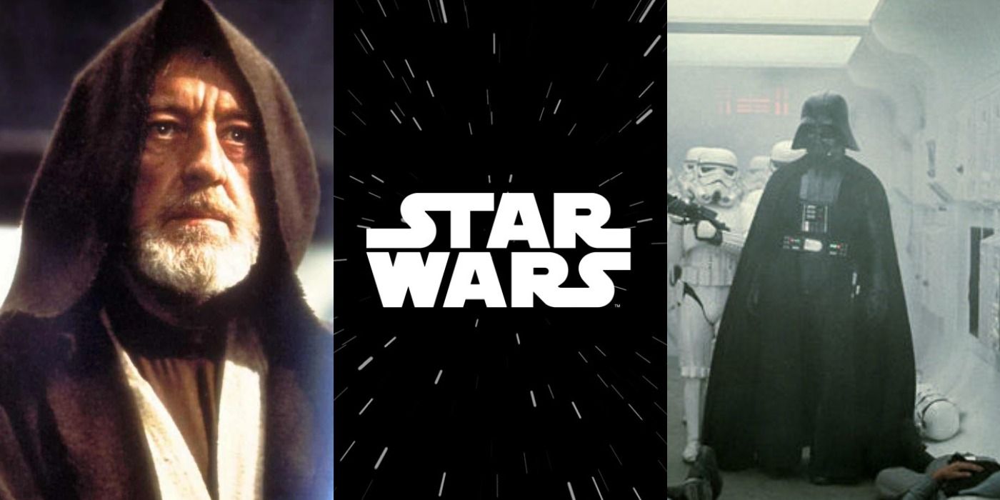 Split image of Obi-Wan, the Star Wars logo, and Darth Vader