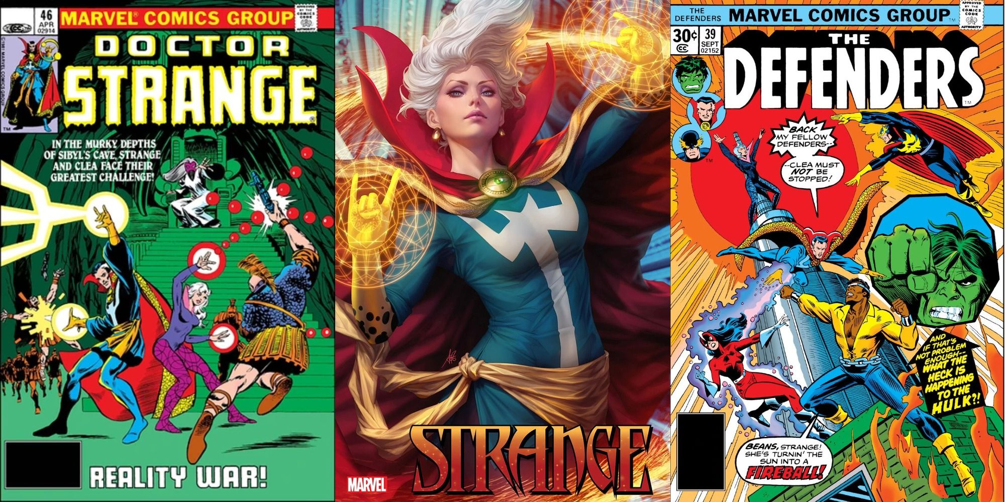 Split image of Doctor Strange 46, Strange 1, and Defenders 39 comic covers.