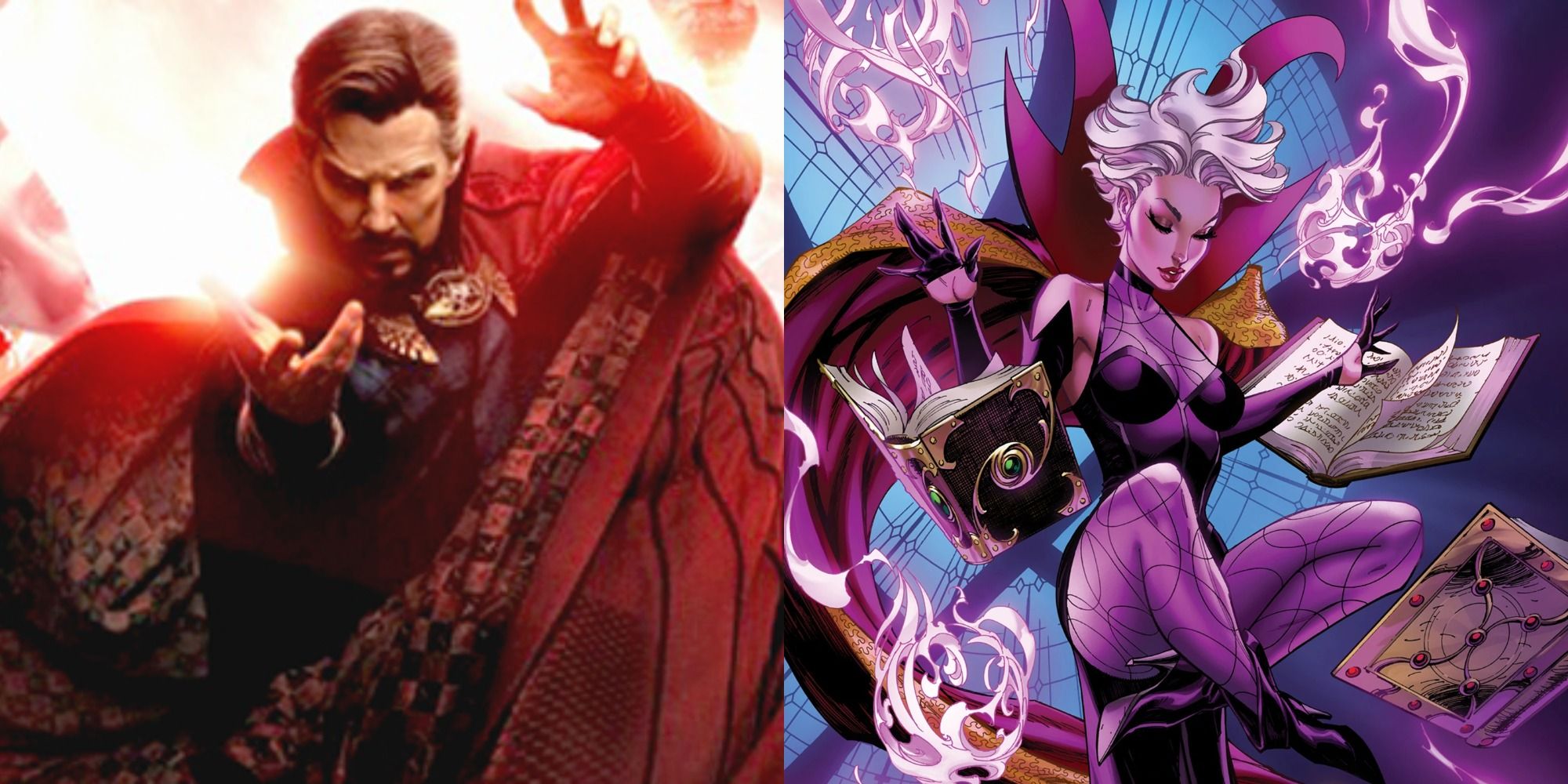 Split image of Doctor Strange in the Multiverse of Madness and Clea from Marvel Comics.