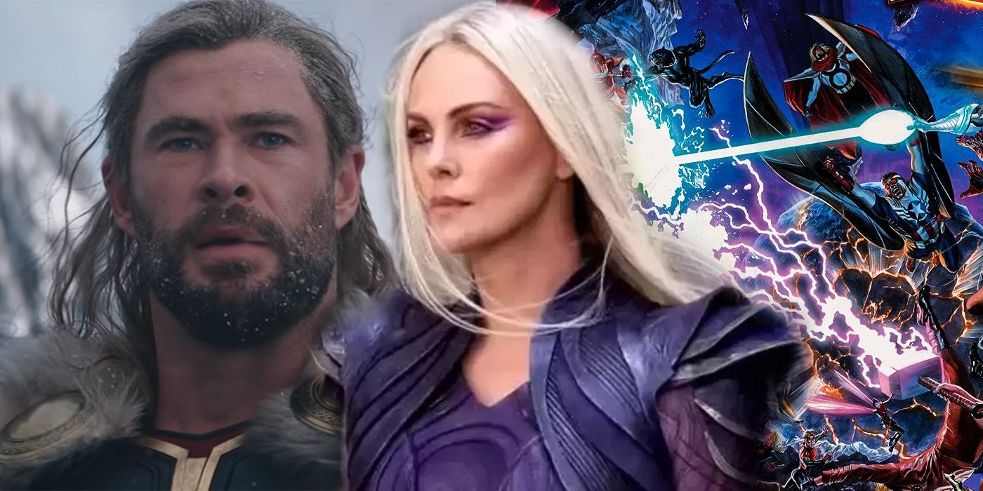 Charlize Theron as Clea; Thor in Love and Thunder trailer; secret wars panel from comic books