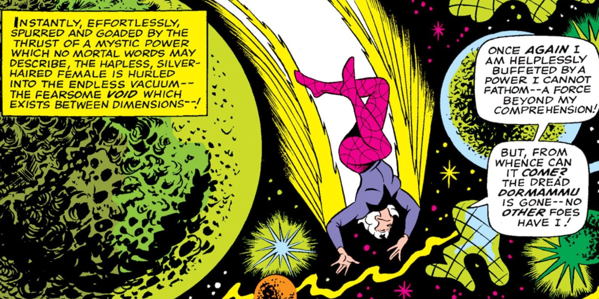 Clea tumbles through dimensions in Marvel Comics.