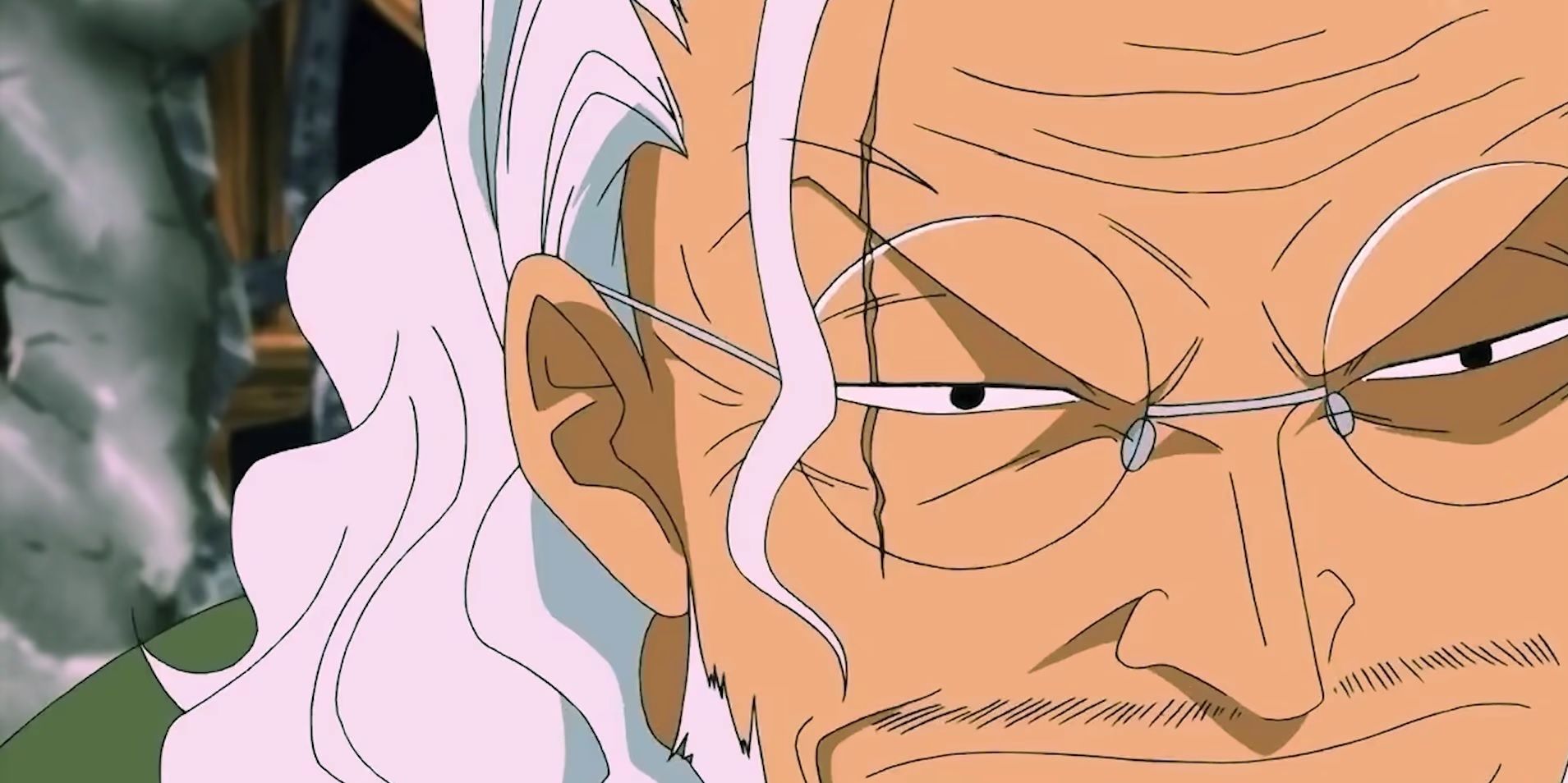 Close-up of a frowning Rayleigh in One Piece.