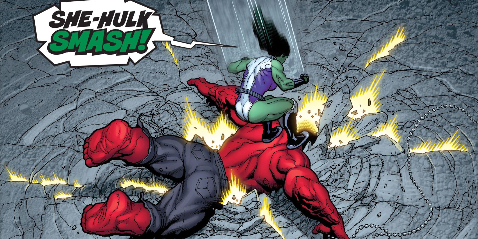 She-Hulk smashes into Red Hulk in Marvel Comics.