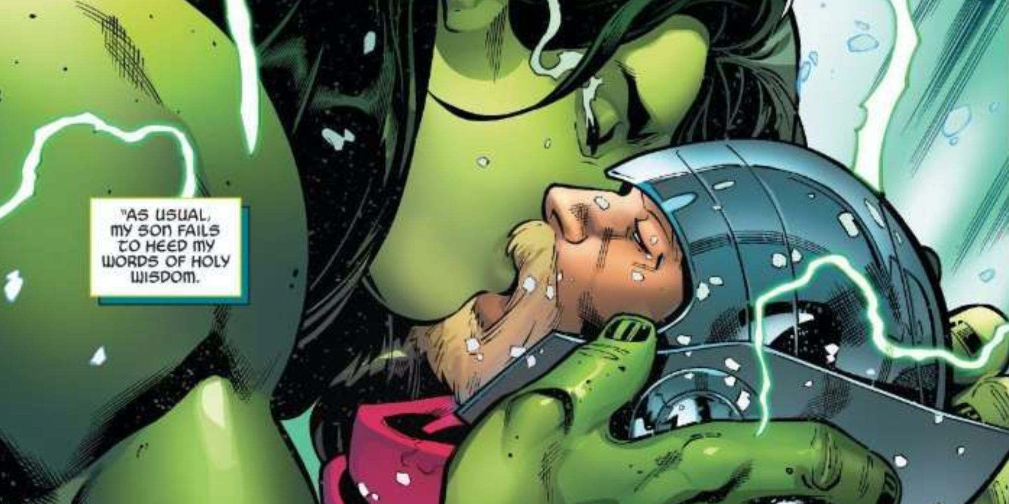 She-Hulk kisses Thor in Marvel Comics.