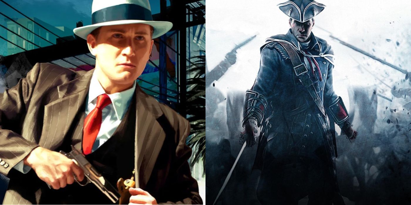 Split image of characters from LA Noire and Assassin's Creed