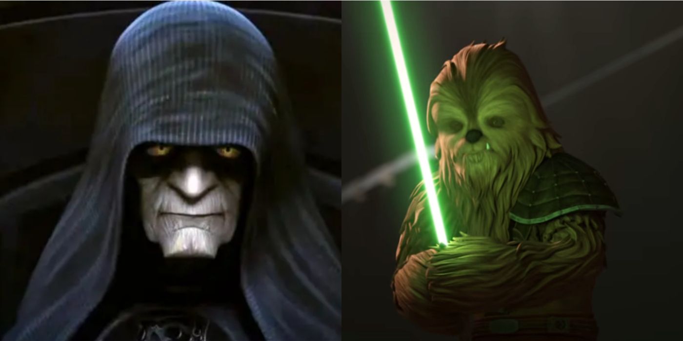 Split image of Palpatine and Gungi in the Star Wars The Bad Batch season 2 trailer