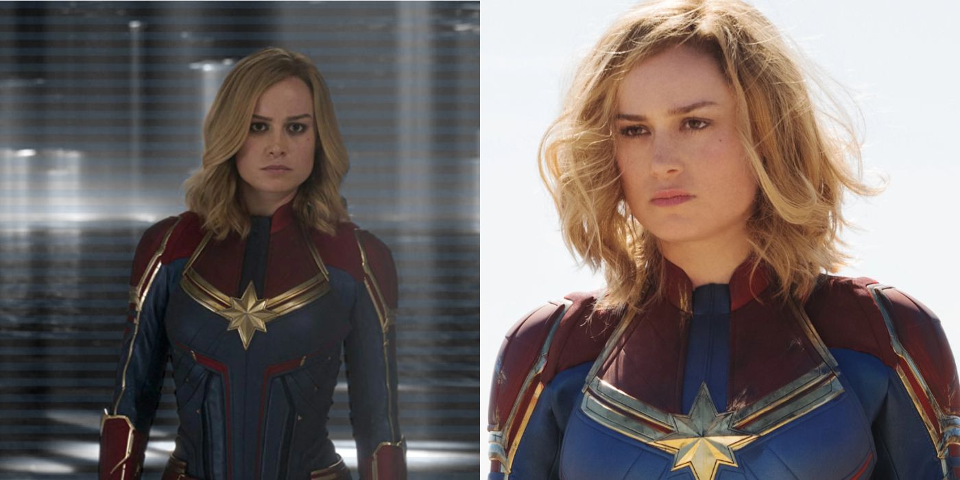 Split image of Brie Larson as Captain Marvel