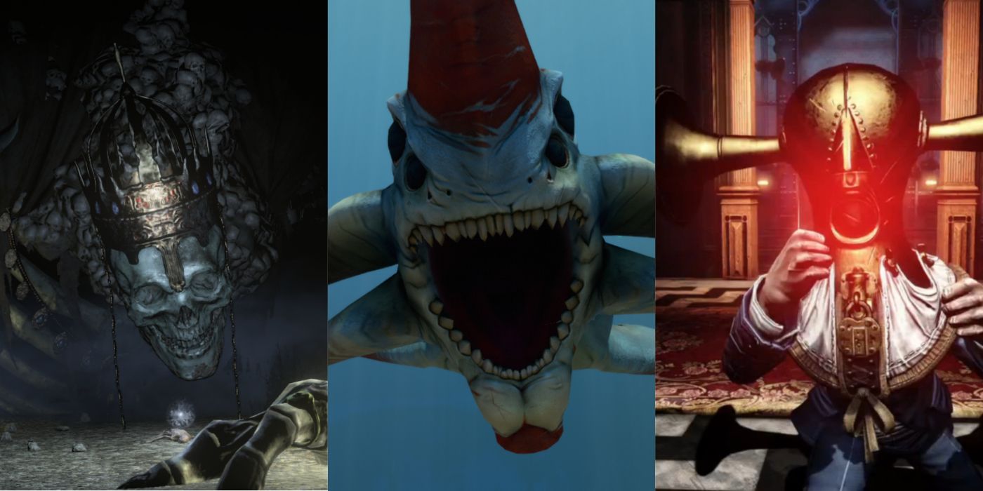 Screenshots from the video games Dark Souls 3, Subnautica, and Bioshock Infinite.