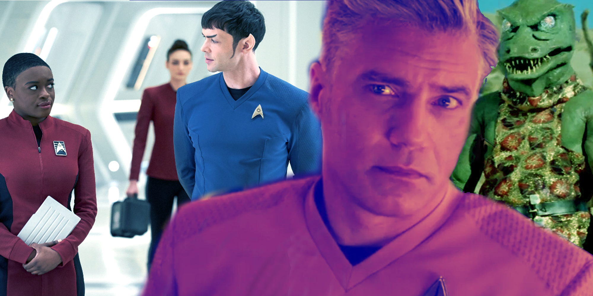 Collage of Cadet Uhura, Spock, Captain Pike, and the Gorn from Star Trek: Strange New Worlds