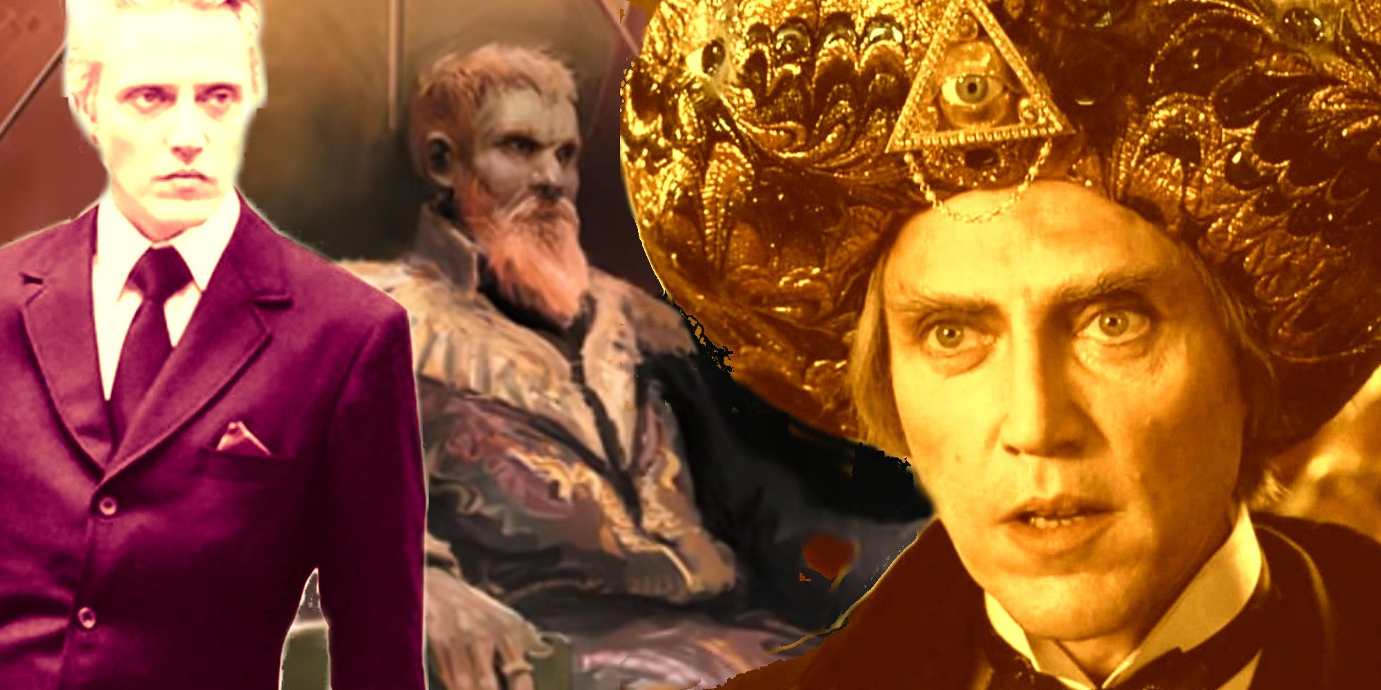 Collage of Christopher Walken as Max Zorin in View to a Kill and Max Shreck in Batman Returns with an illustration of Emperor Shaddam from Dune