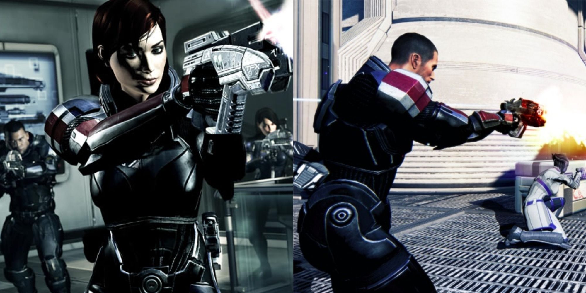 A split image of male and female Commander Shepard shooting pistols.