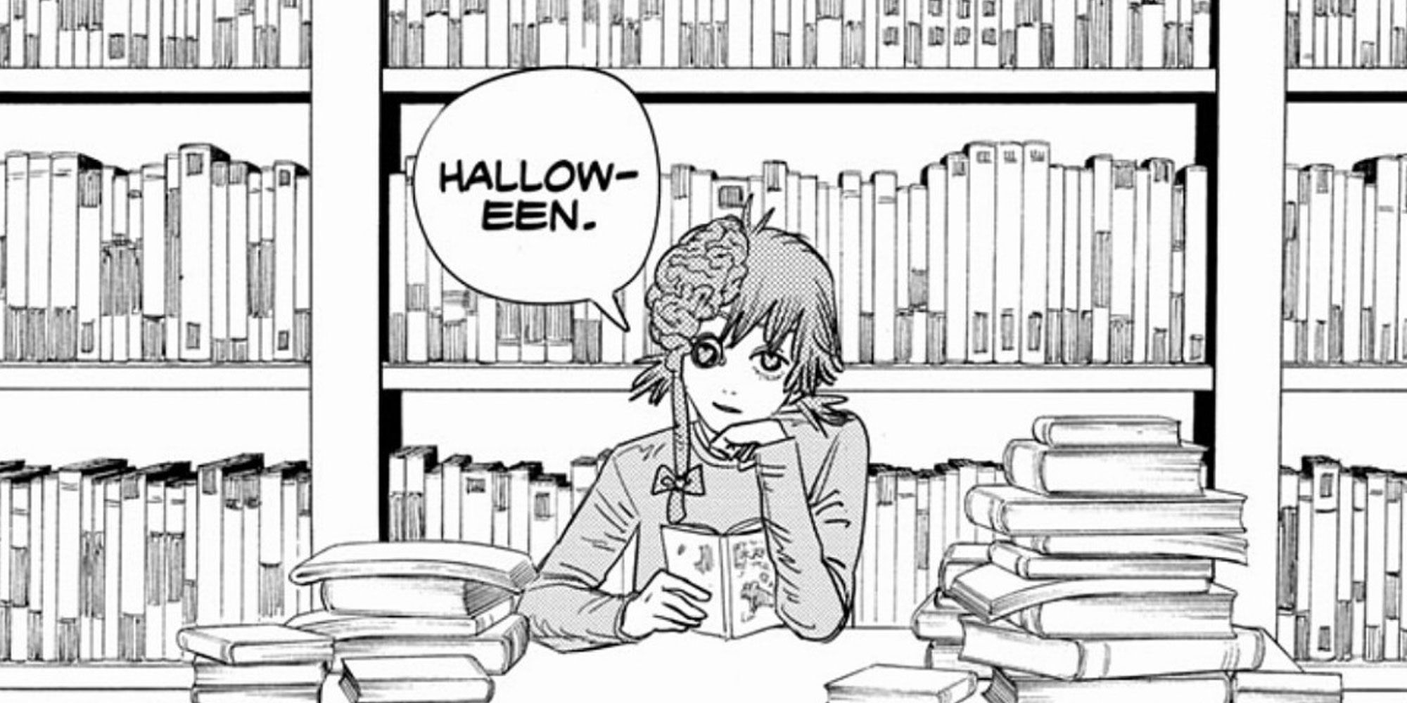 Cosmo in a library in the Chainsaw Man comics