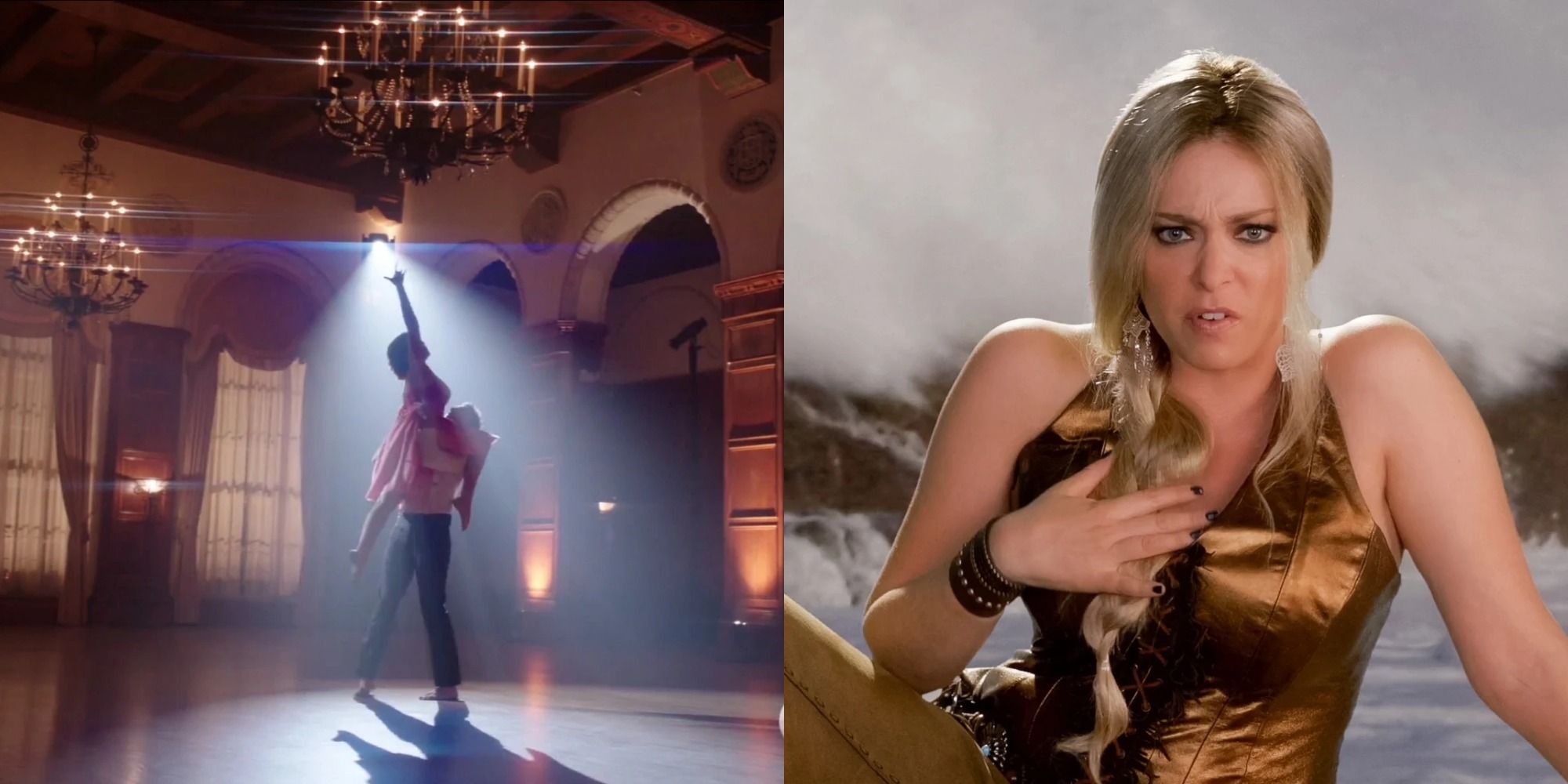 Split image showing Nathaniel and Rebecca sancing and Rebecca singing in Crazy Ex Girlfriend.