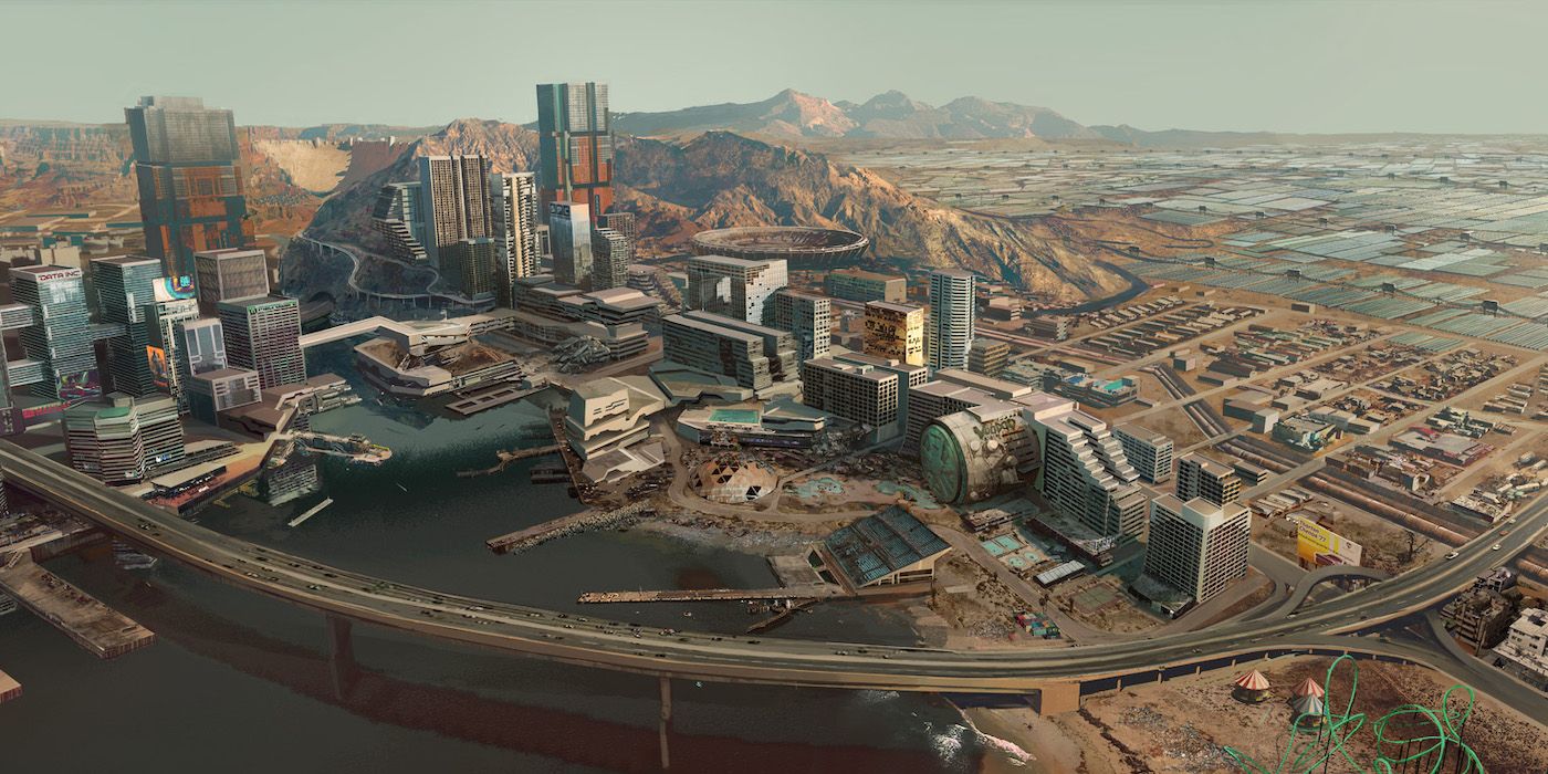 Cyberpunk 2077 Pacifica District concept art showcasing an aerial view of the district.