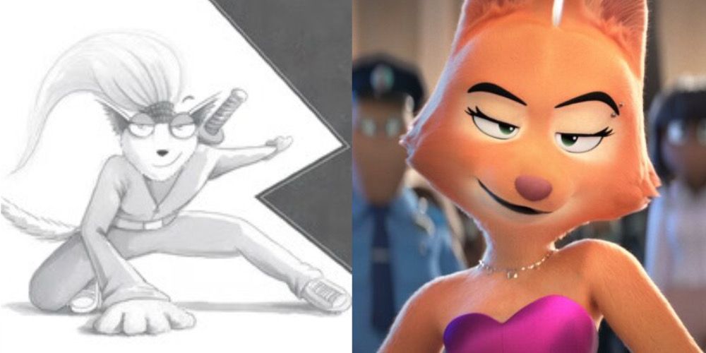 A sketch of Agent Fox from The Bad Guys Books is next to an image of Diane Foxington in the movie