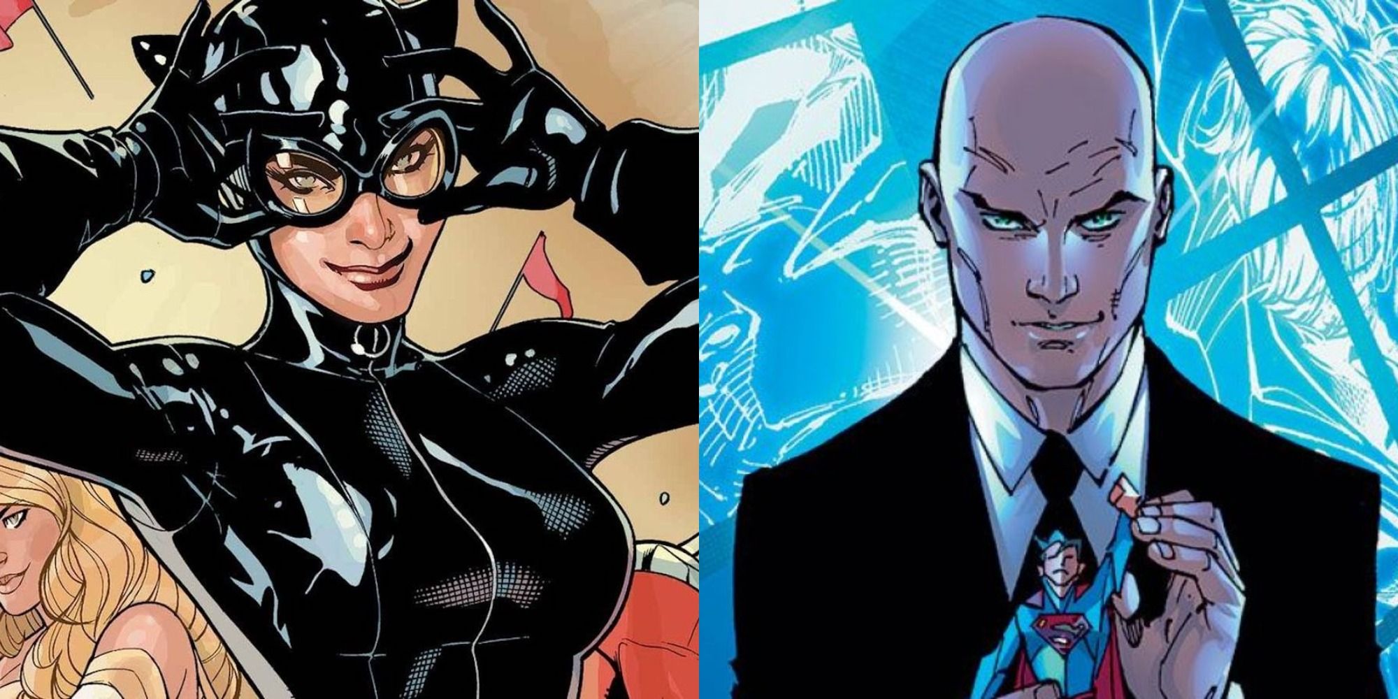 Split image showing Catwoman and Lex Luthor in DC Comics.