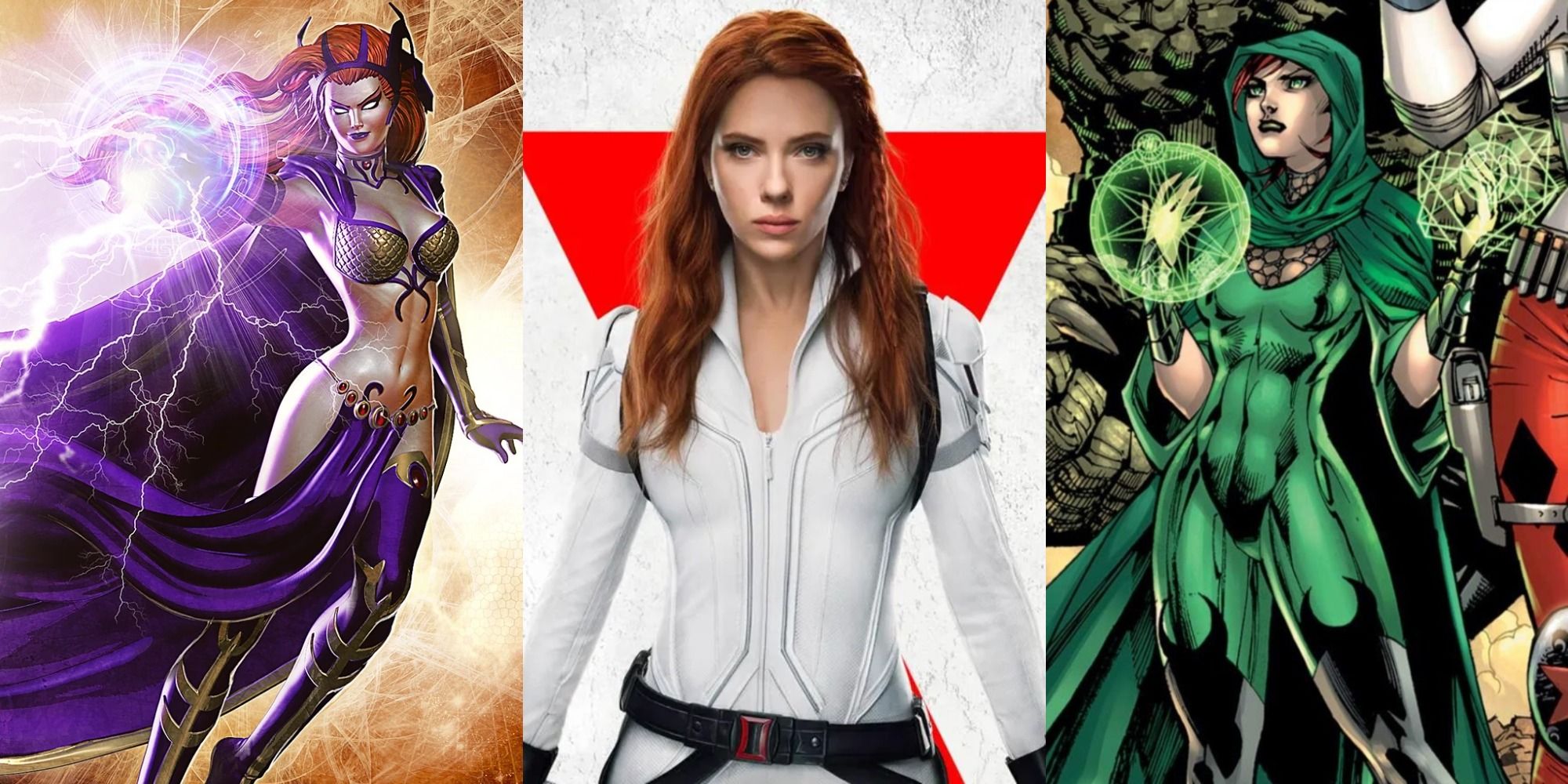 Split image showing Circe and Enchantress from DC Comics, and Scarlett Johansson as Black Widow.