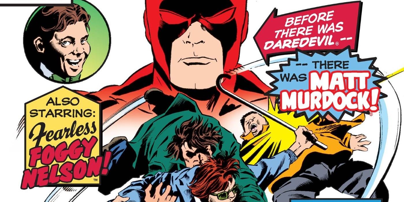 A splash page shows Daredevil, in costume in the background. To the right, a bubble displays a young Foggy Nelson. In the foreground, a young Matt Murdock fights off two assailants with his cane. The text reads, 