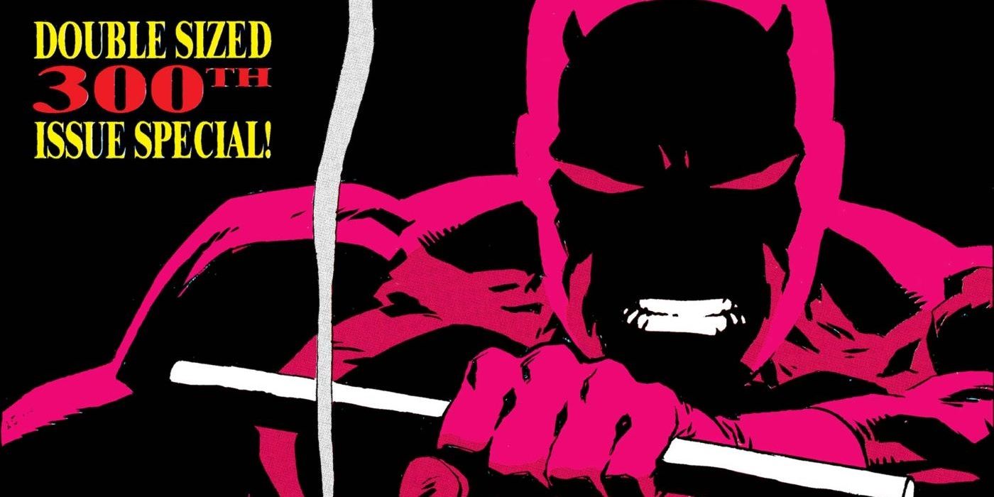 Daredevil, draped in shadows, faces the viewer. Text reads, &quot;Double Sized 300th Issue Special!&quot;