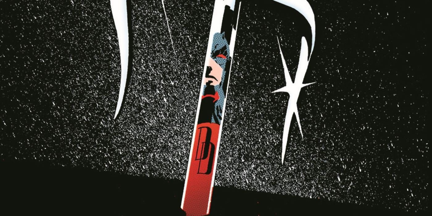 Elektra's sai shines against a black background. A reflection in the weapon reveals Daredevil's new red and black costume.
