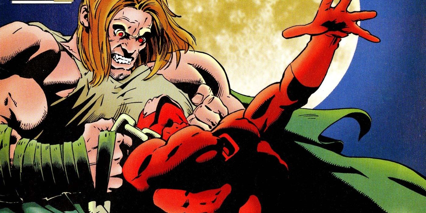 Mr. Hyde chokes Daredevil from behind with a chain while Daredevil reaches out in futility.