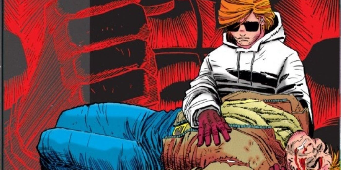 A young Matt Murdock, grief stricken, sits with the body of his recently deceased father.