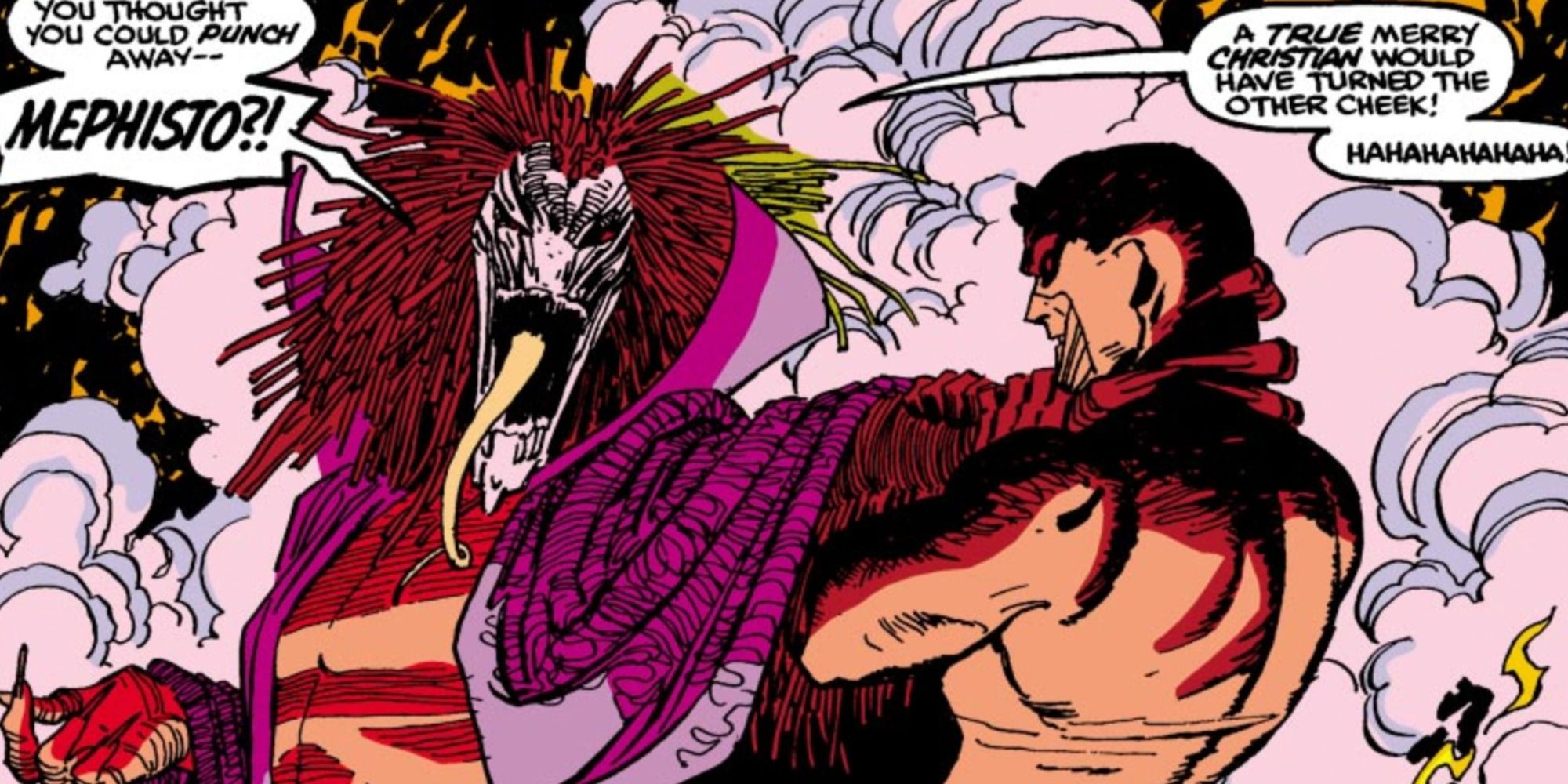 O Demolidor confronta Mephisto na Marvel Comics.