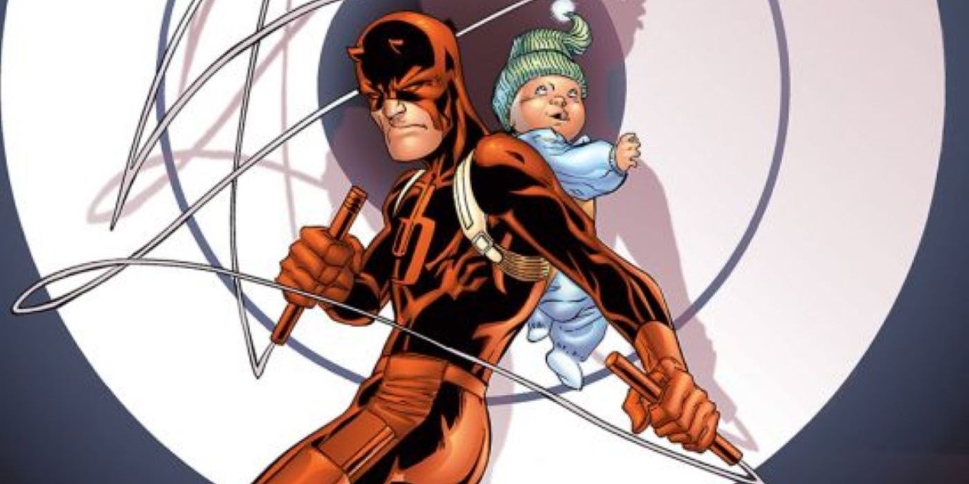 Daredevil, centered in a giant spotlight resembling a bullseye, faces the viewer with his grappling hook/ billy club swirling around him. An infant child is strapped to his back in a harness.