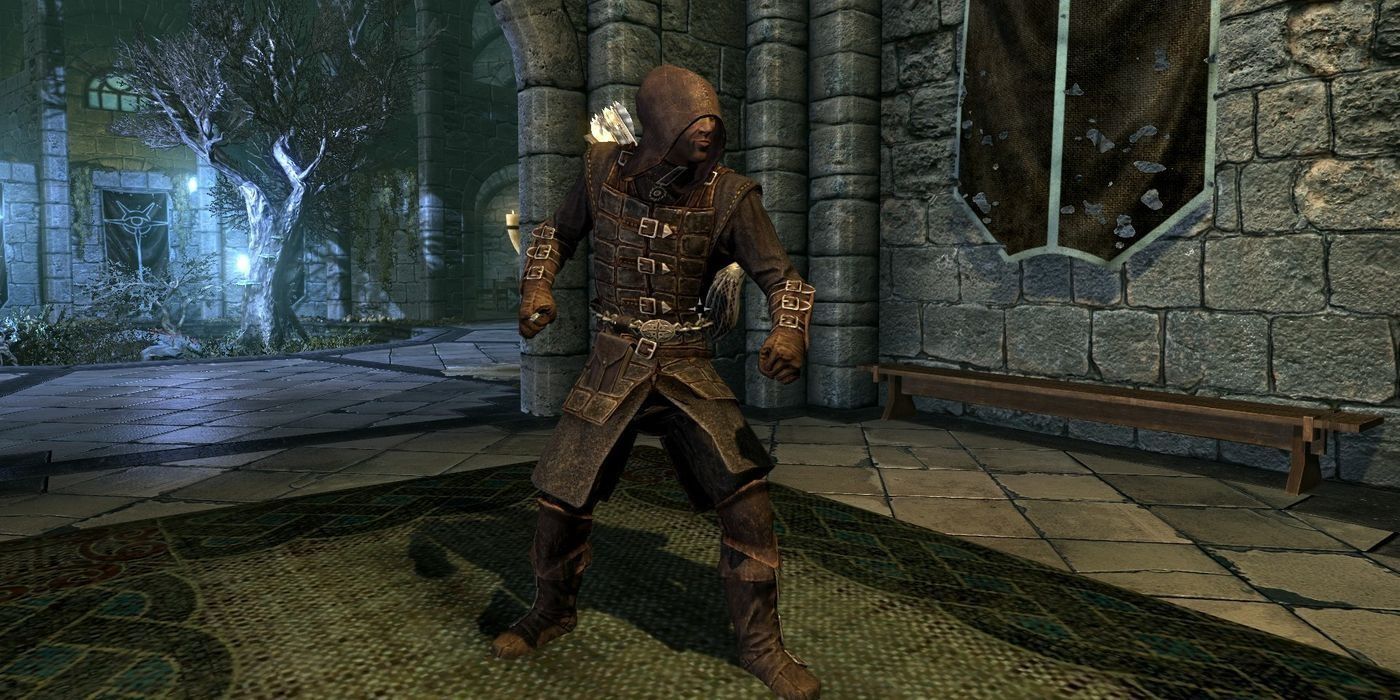 Character wearing the Dawnguard Armor set in Skyrim's Dawnguard DLC.