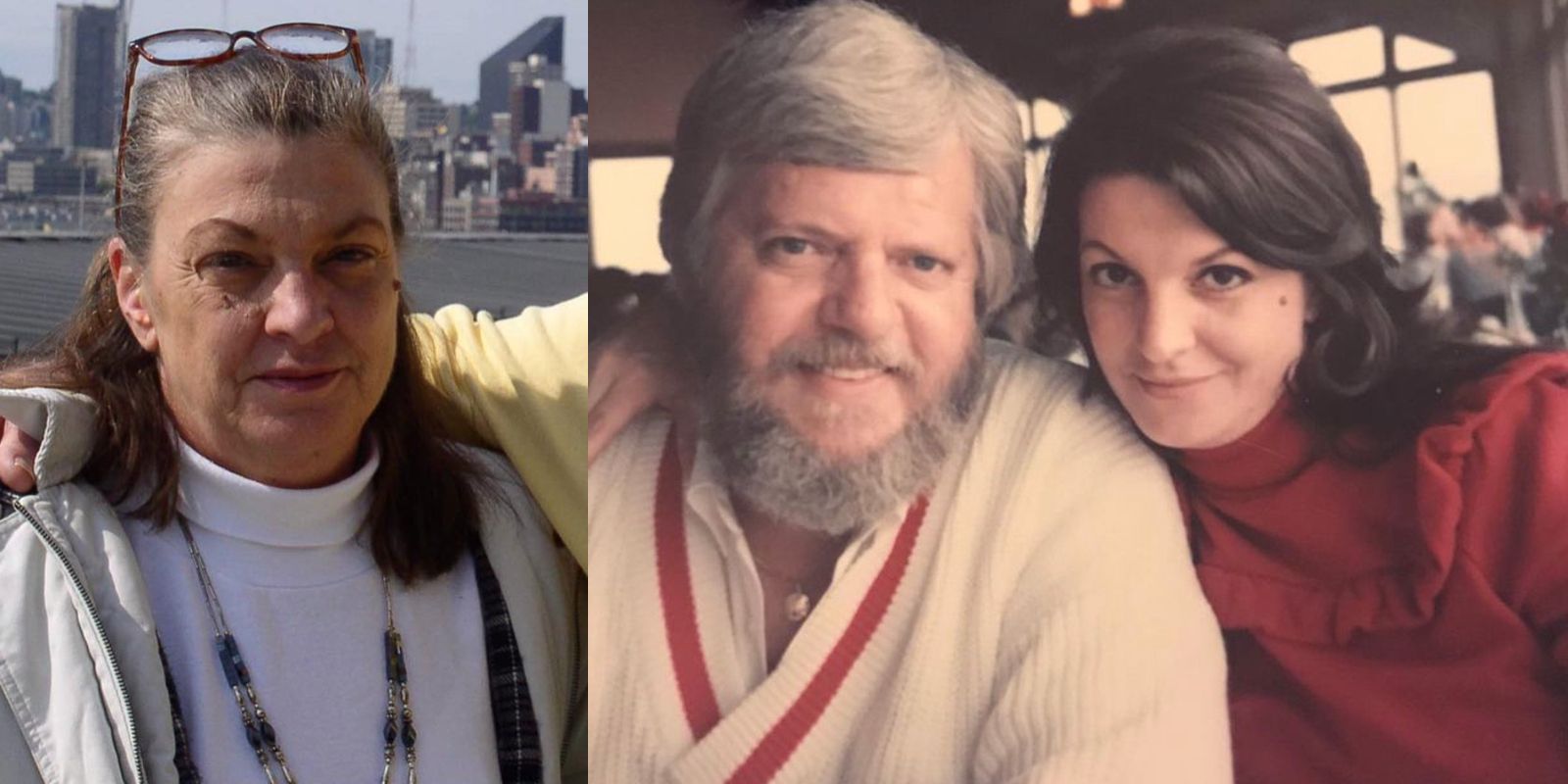 Split image of Debbie from 90 Day Fiancé now with glasses and Debbie in 1990s wearing a red top with late husband 