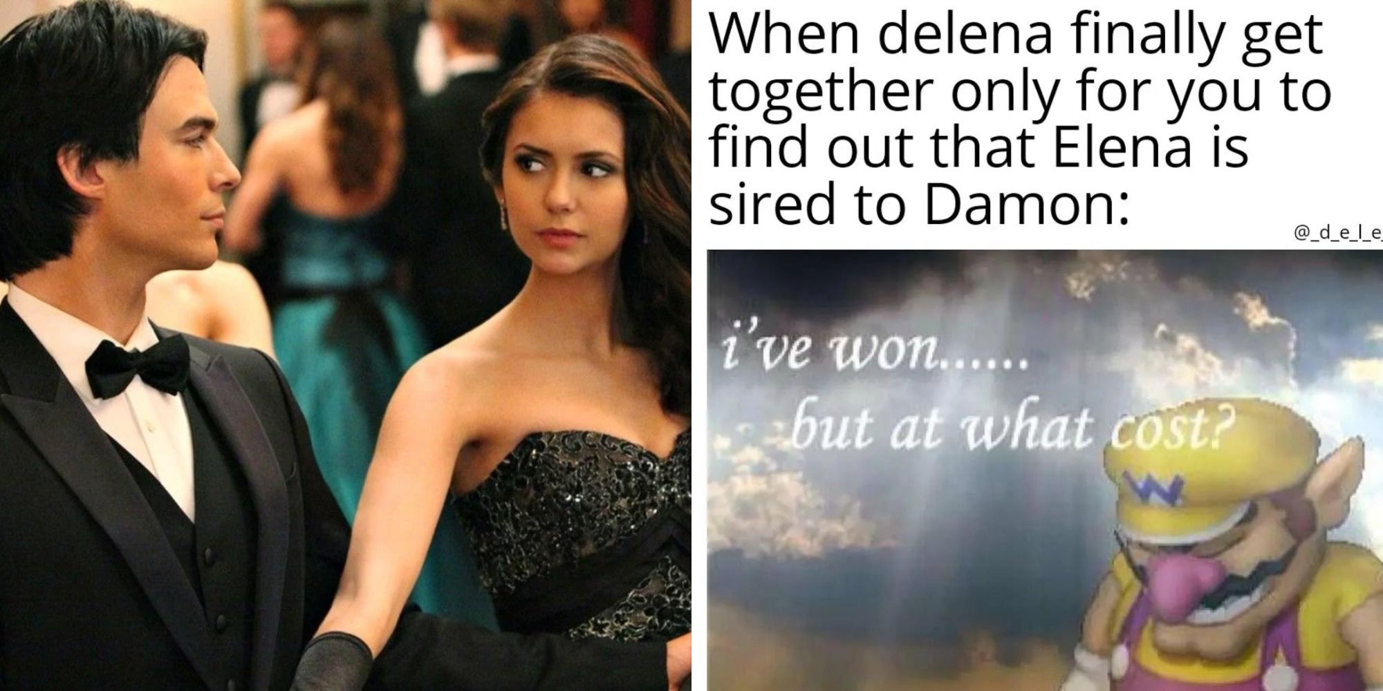 Split image of Damon and Elena dancing next to a Warior meme