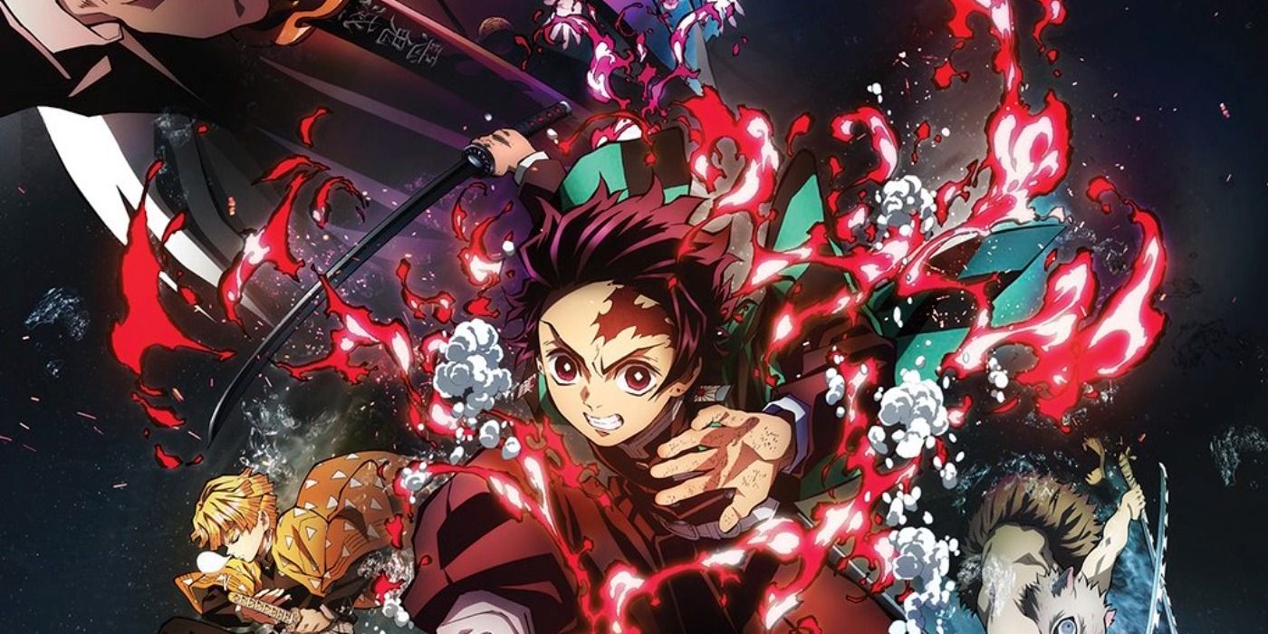 Demon Slayer: Mugen Train key art featuring Tanjiro leaping toward the camera surrounded by red flames alongside the main cast.