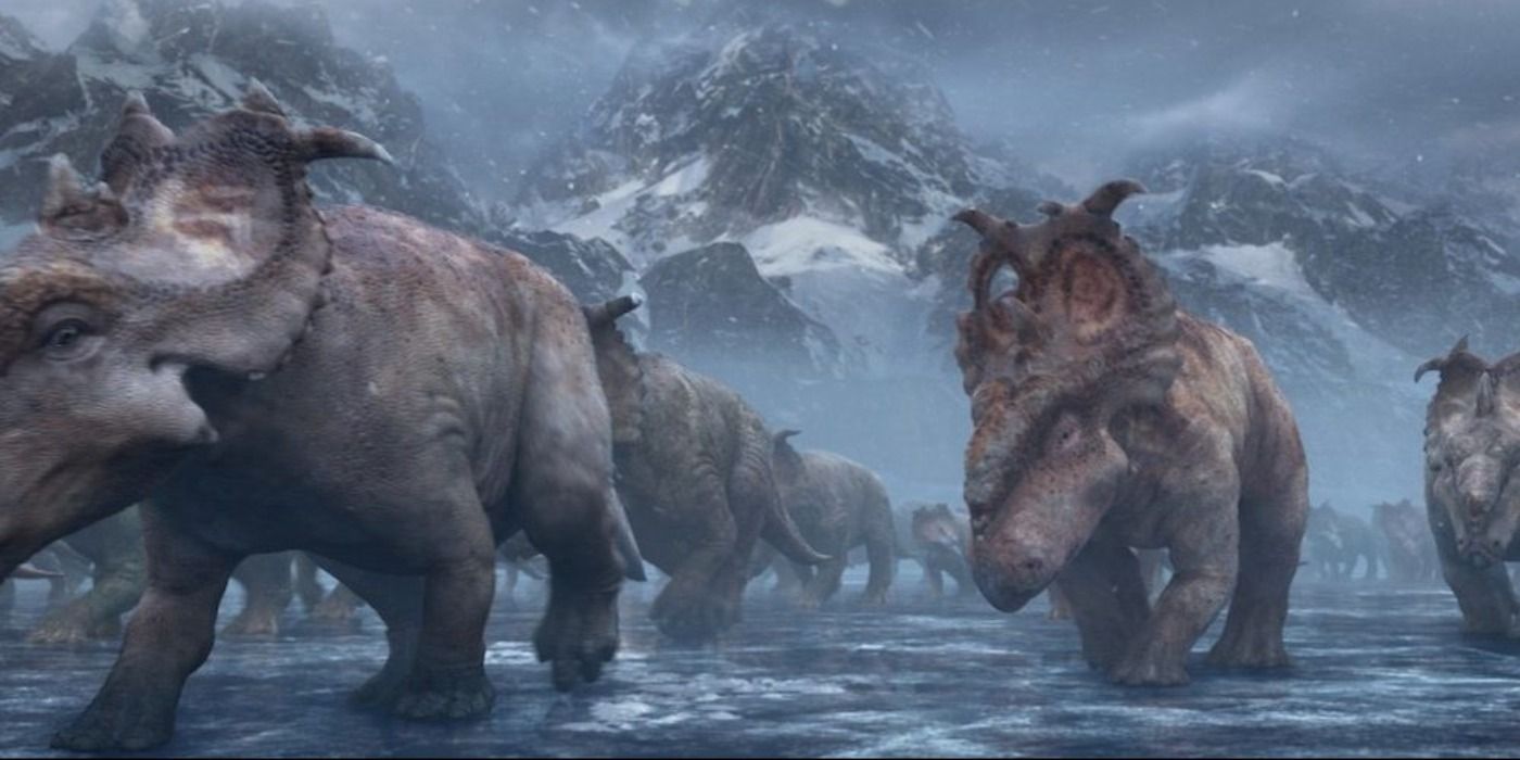 Dinossauros atravessando um lago congelado em Caminhando com Dinossauros