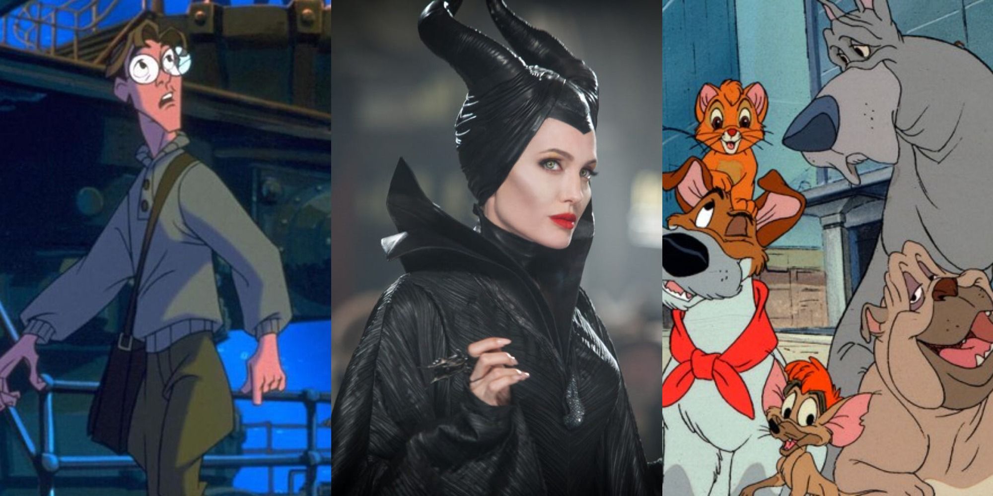 Split image of Atlantis, Maleficent, and Oliver and Company