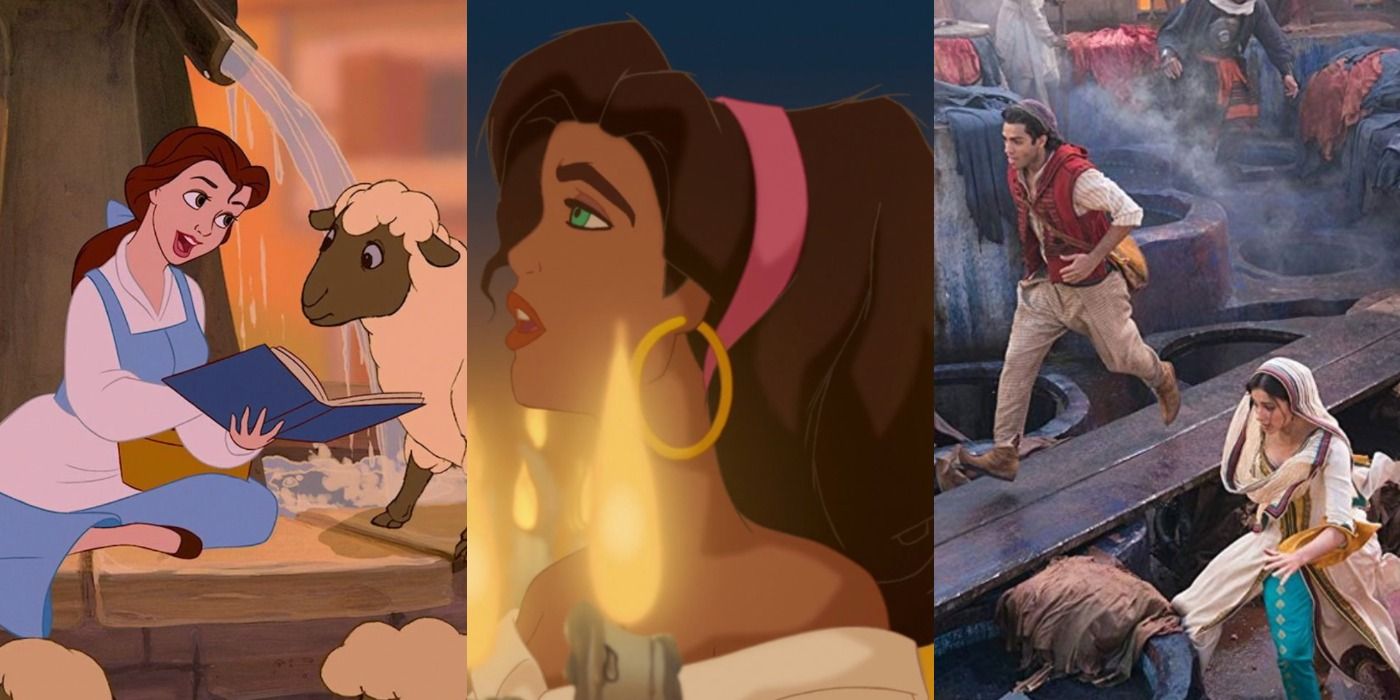 A split image features Belle in the animated Beauty and the Beast, Esmeralda in The Hunchback of Notre Dame, and the live action Aladdin and Jasmine running