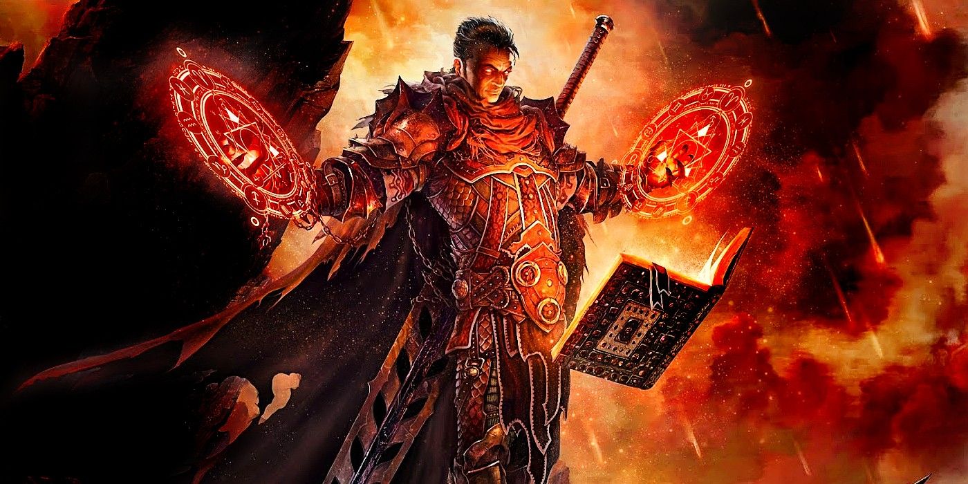 A warlock casting a spell in Dungeons & Dragons. He stands on a fiery backdrop with a spellbook in front of him and arms outstretched with two magic circles surrounding his hands