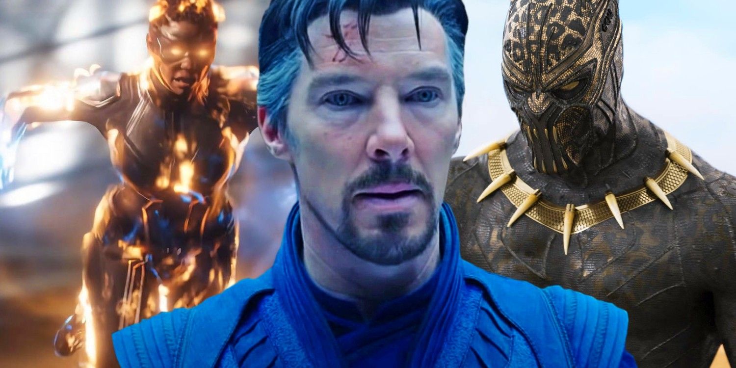 A split image of Doctor Strange, Captain Marvel, and Killmonger