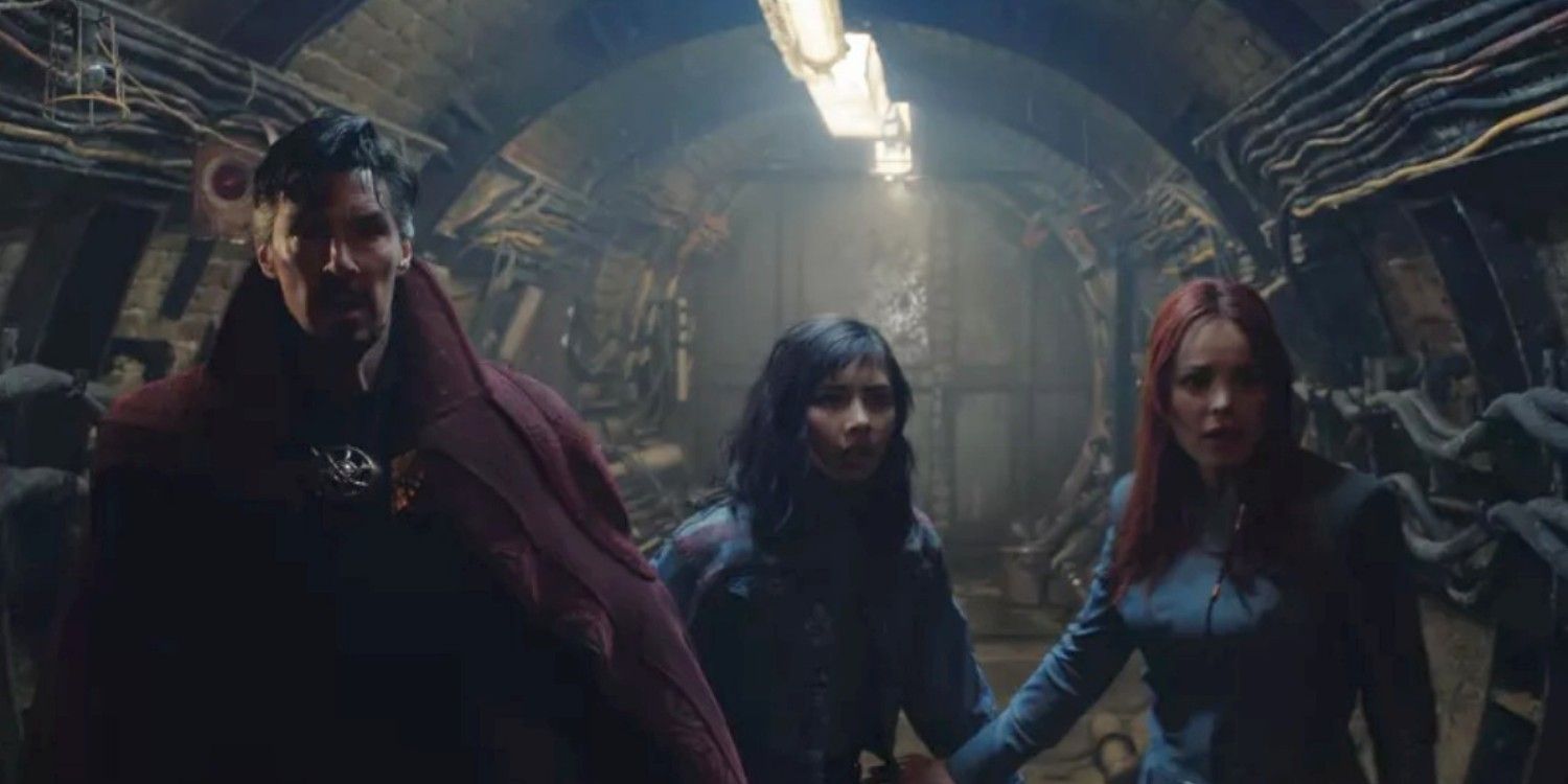 Doctor Strange, America Chavez, and Christine Palmer in a tunnel