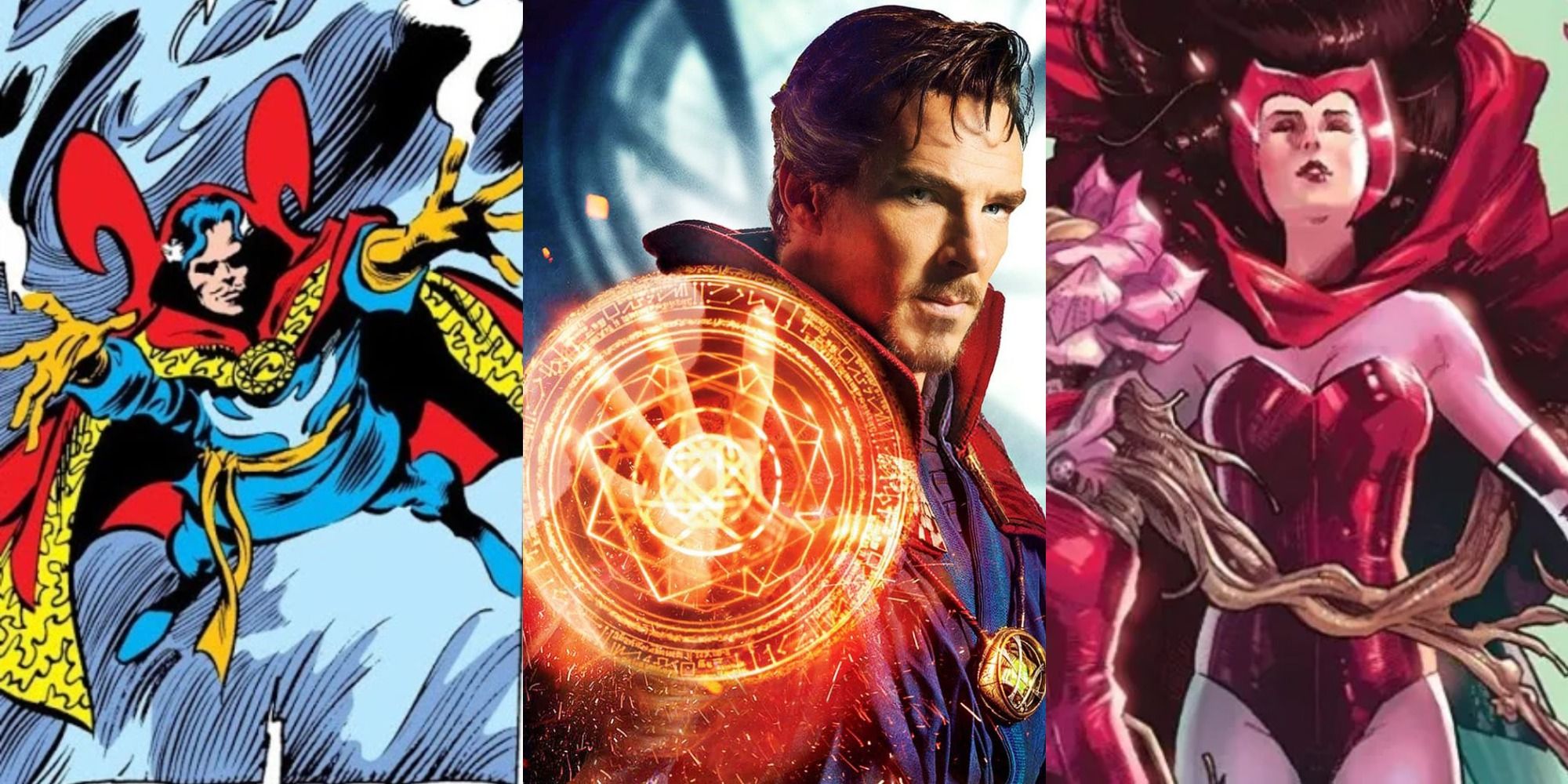 Split image of Doctor Strange and Scarlet Witch casting spells in Marvel Comics and Doctor Strange using his powers in the MCU.