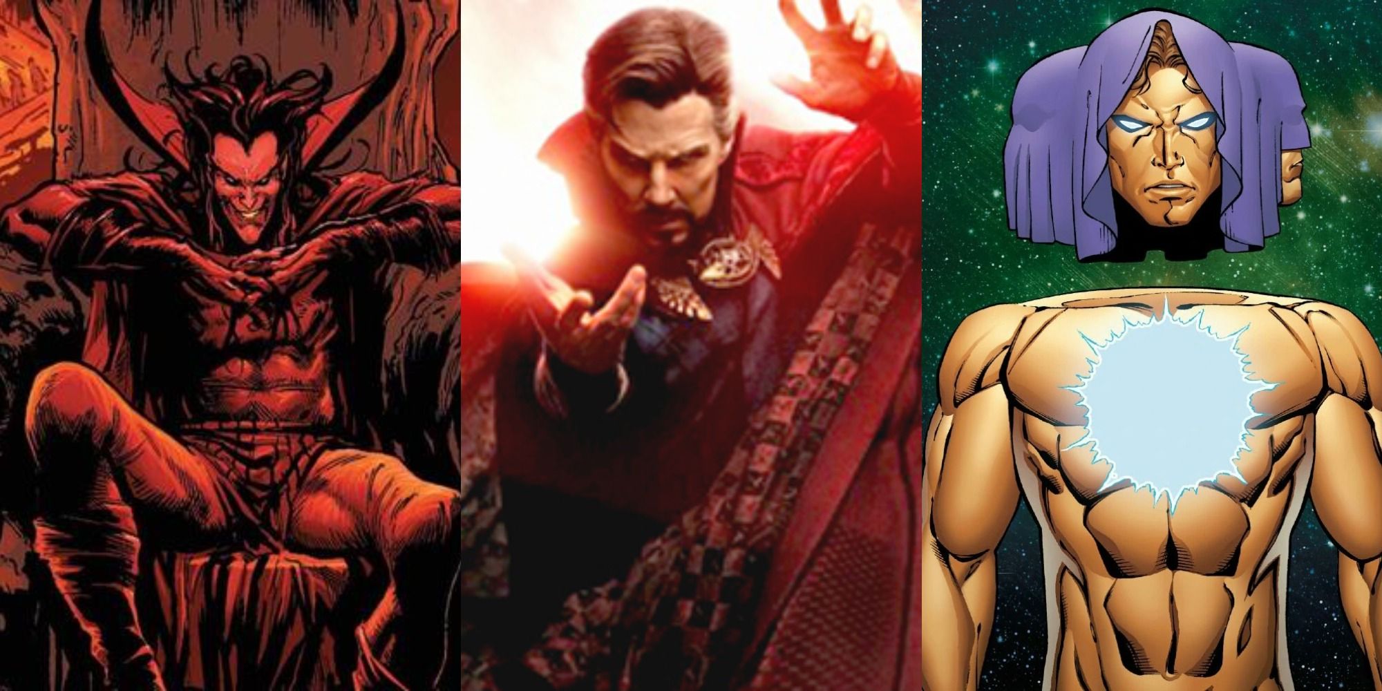 Split image of Doctor Strange from Multiverse of Madness and Mephisto and Living Tribunal from Marvel Comics.