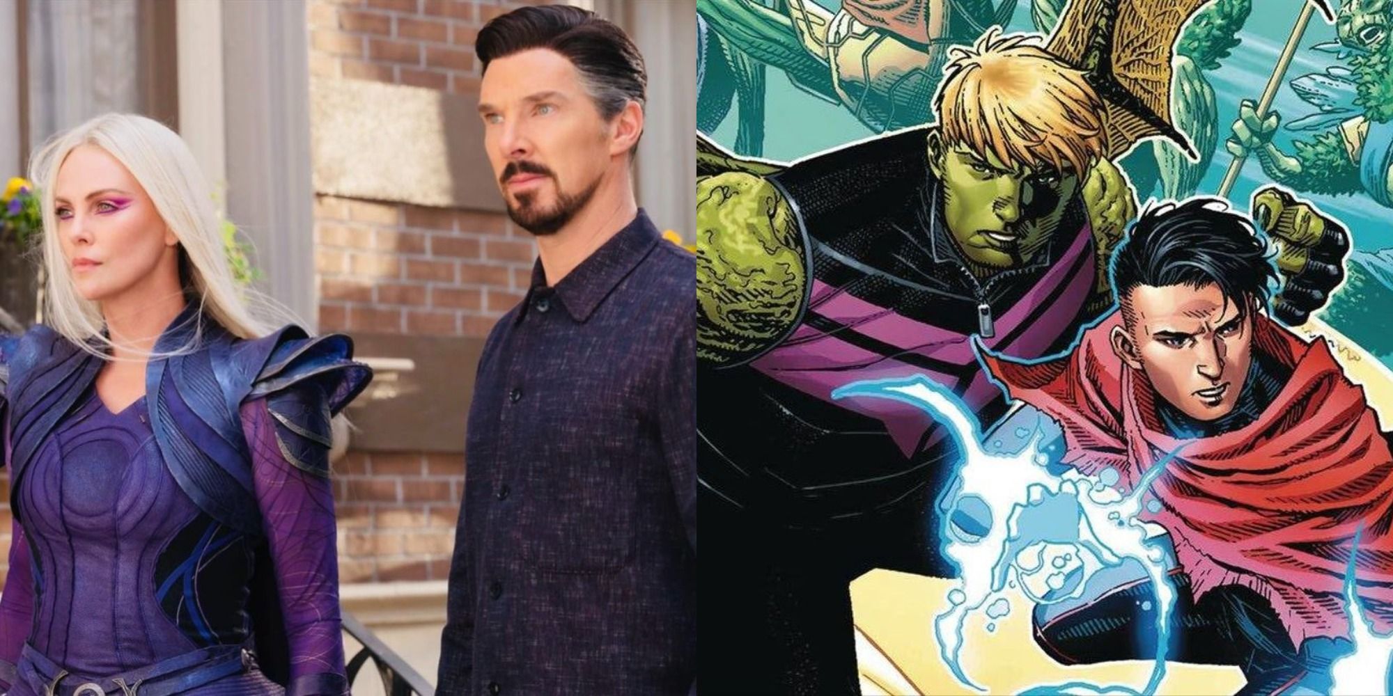 Split image showing Clea and Doctor Strange in MoM, and Hulkling and Wiccan in the comics.